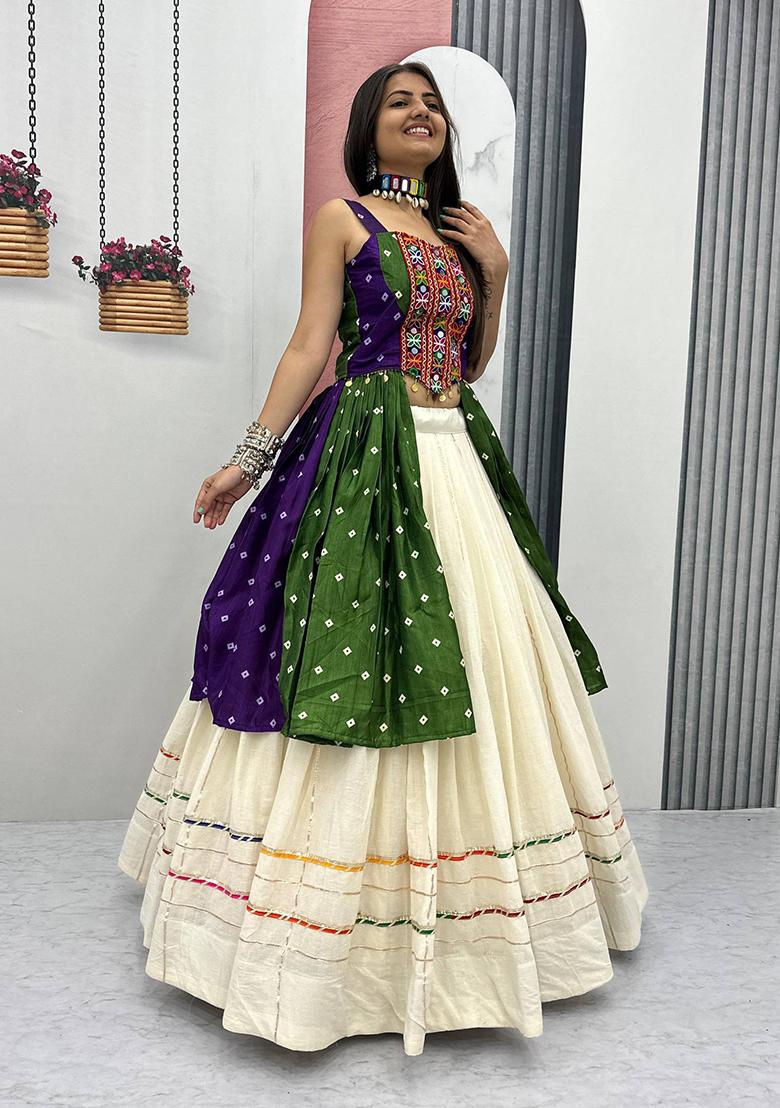 Blue And Green Mirror Work Bandhej Lehenga Set - Indya