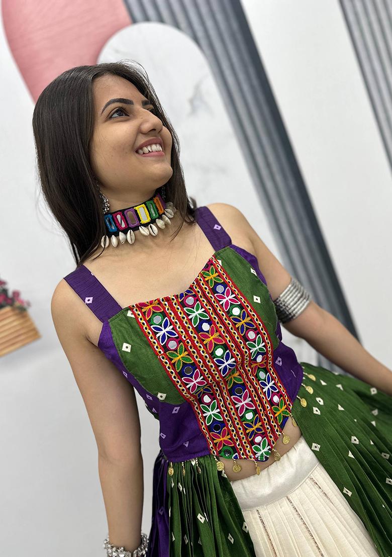 Blue And Green Mirror Work Bandhej Lehenga Set - Indya
