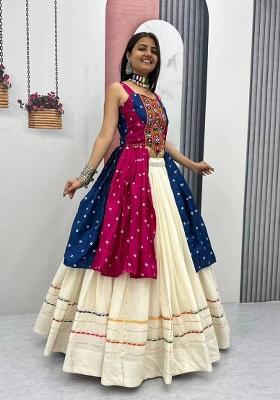 Blue And Pink Mirror Work Bandhej Lehenga Set