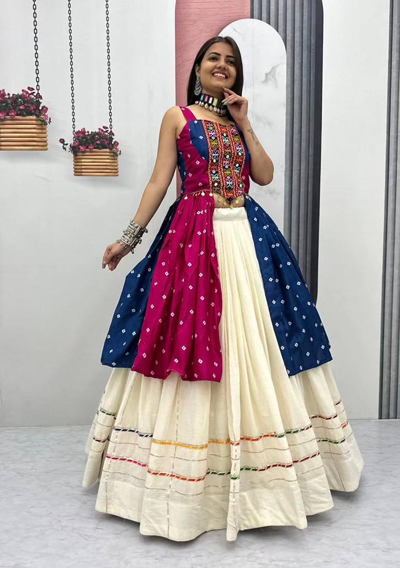 Blue And Pink Mirror Work Bandhej Lehenga Set - Indya