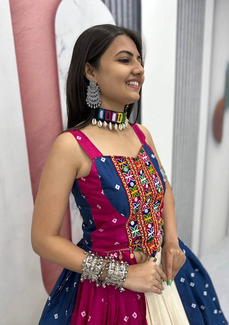 Blue And Pink Mirror Work Bandhej Lehenga Set - Indya
