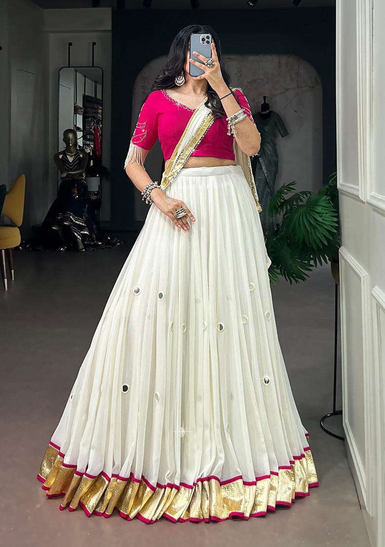 White Mirror Work Rayon Lehenga Set - Indya