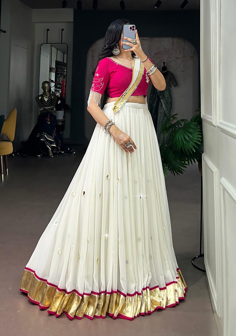 White Mirror Work Rayon Lehenga Set - Indya