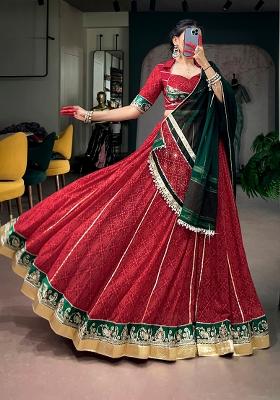 Maroon And Green Floral Print Georgette Lehenga Set