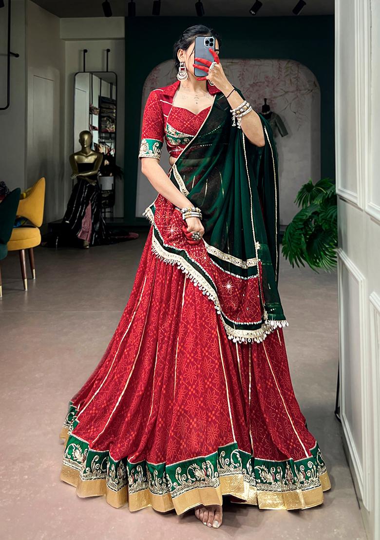 Maroon And Green Floral Print Georgette Lehenga Set - Indya