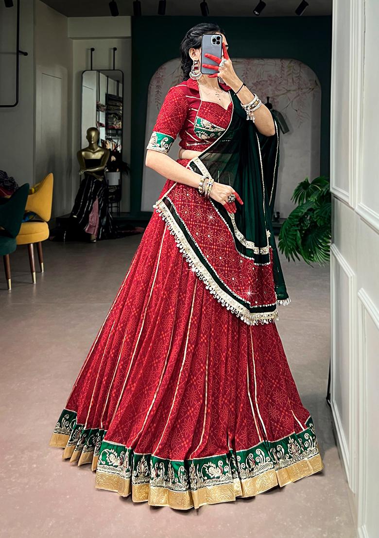 Maroon And Green Floral Print Georgette Lehenga Set - Indya