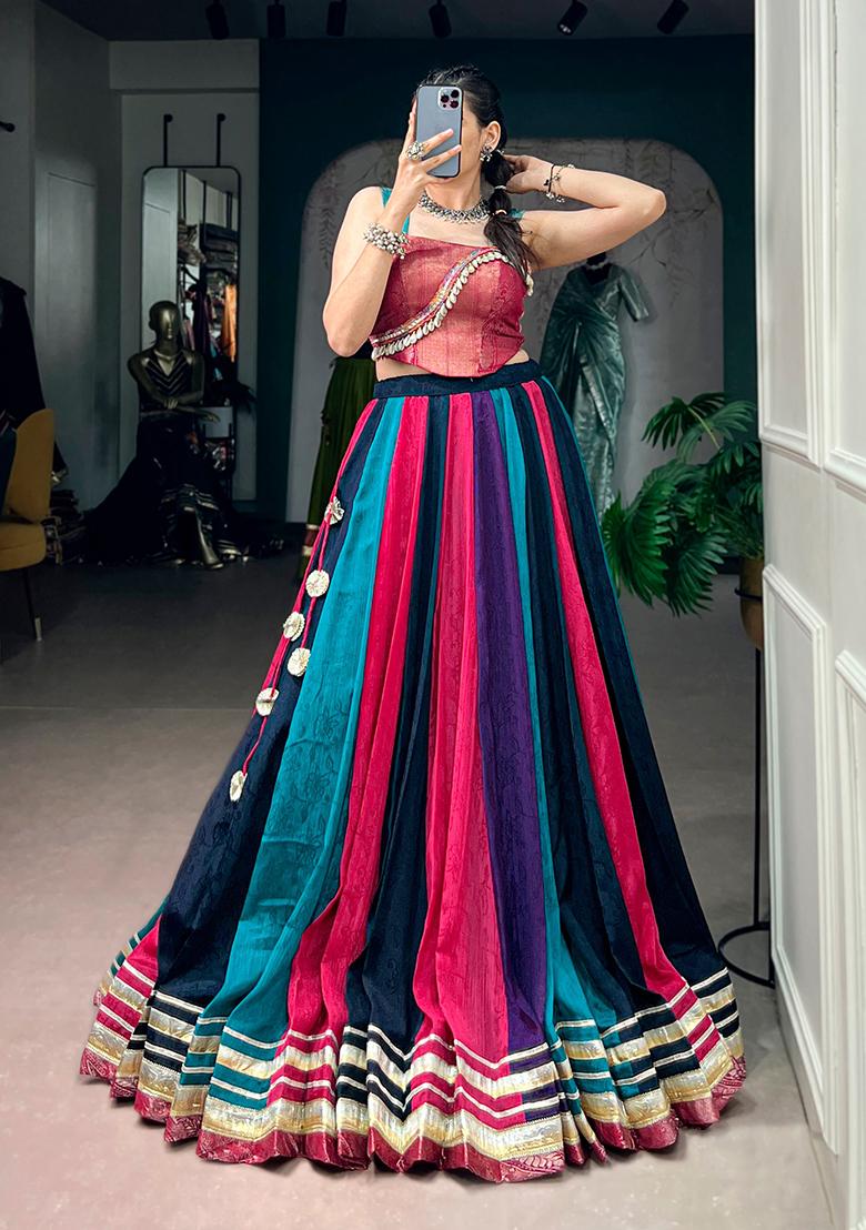 Multicolor Zari Work Chinon Lehenga Set - Indya