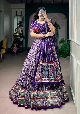 Purple Lace Work Silk Lehenga Set