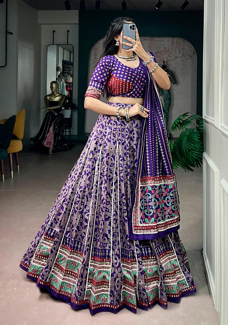 Purple Lace Work Silk Lehenga Set - Indya