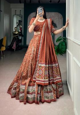 Orange Lace Work Silk Lehenga Set