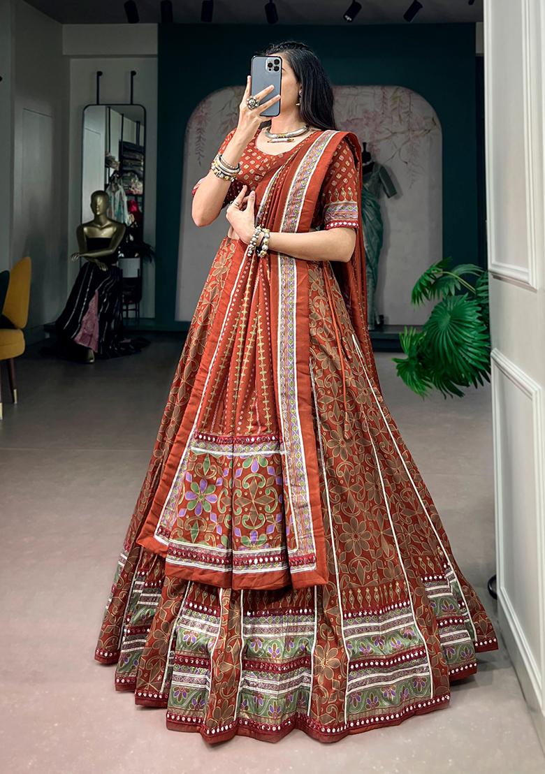 Orange Lace Work Silk Lehenga Set - Indya
