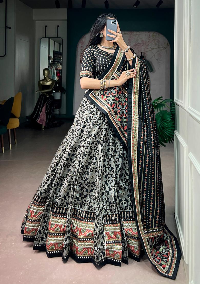 Black Lace Work Silk Lehenga Set - Indya