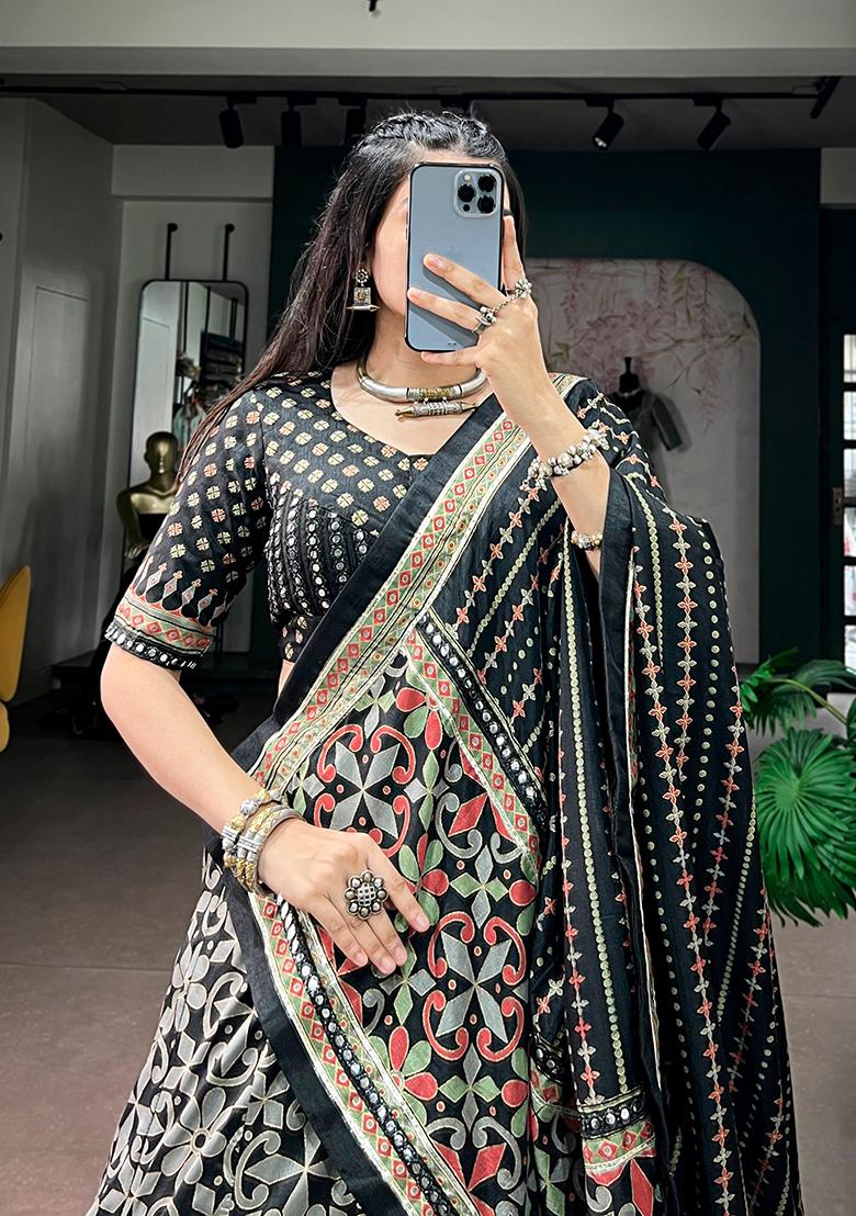 Black Lace Work Silk Lehenga Set - Indya