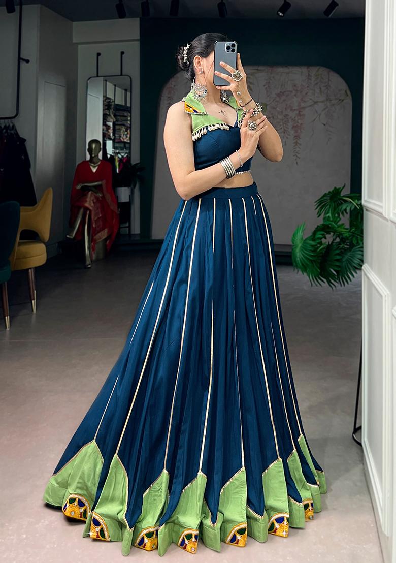 Navy Blue Mirror Work Rayon Lehenga Set - Indya