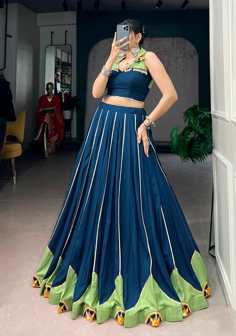 Navy Blue Mirror Work Rayon Lehenga Set - Indya