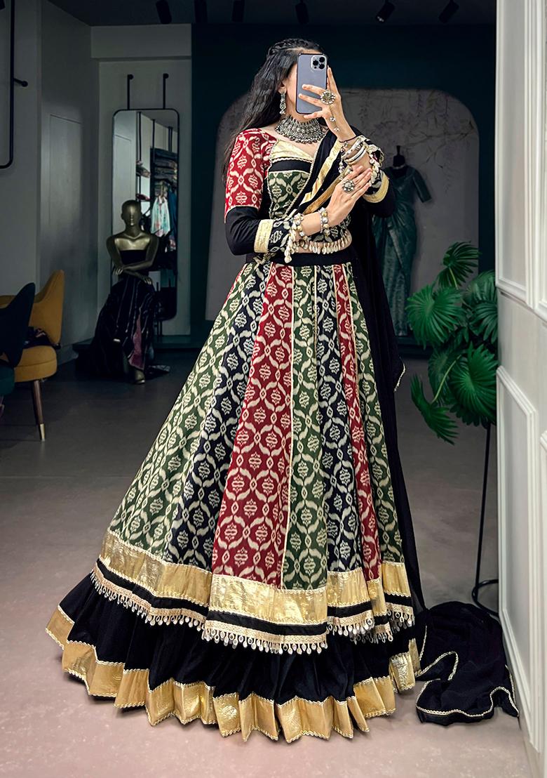 Multicolor Floral Print Rayon Lehenga Set - Indya