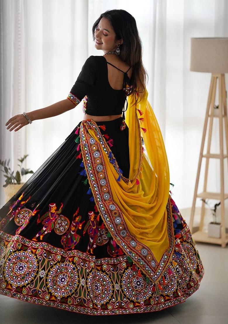 Black Mirror Work Georgette Navratri Lehenga Set - Indya