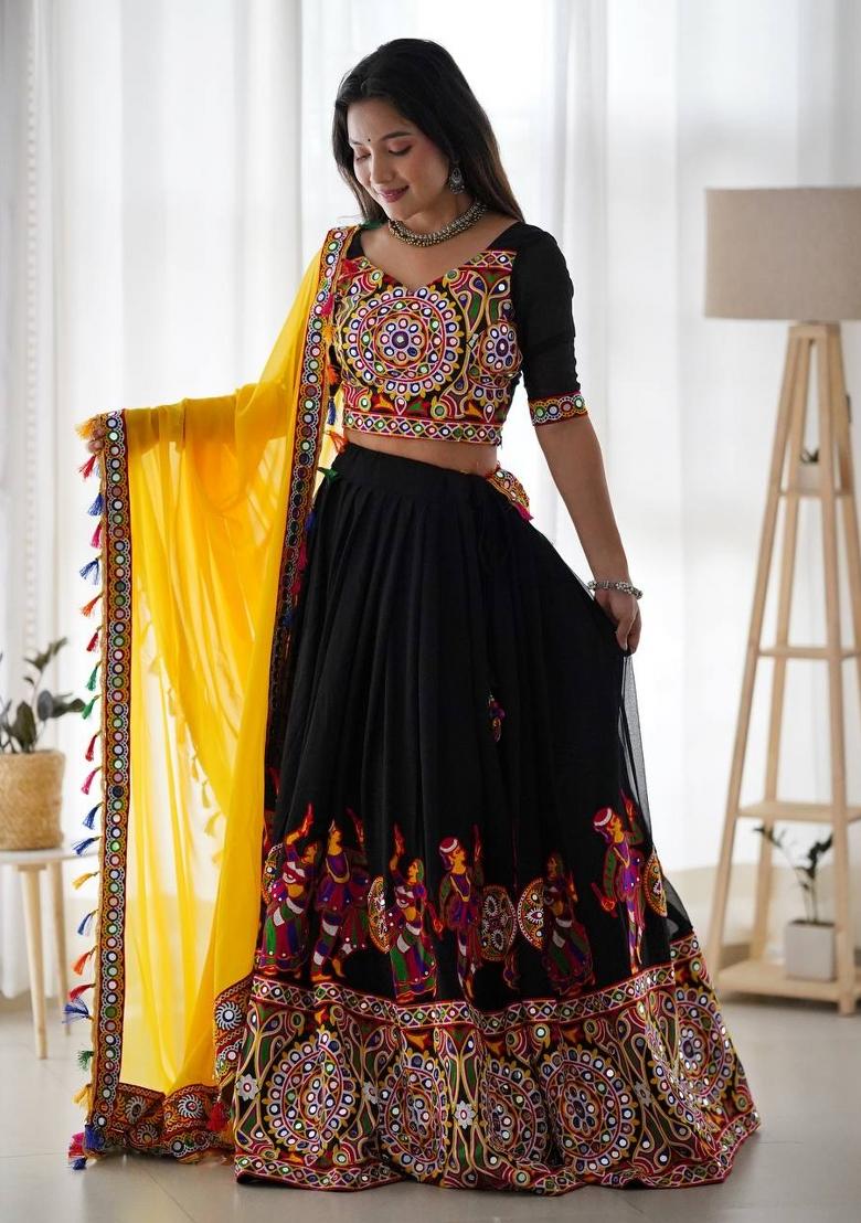 Black Mirror Work Georgette Navratri Lehenga Set - Indya