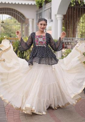 Black And Off White Kutchi Patchework Cotton Navratri Lehenga Set