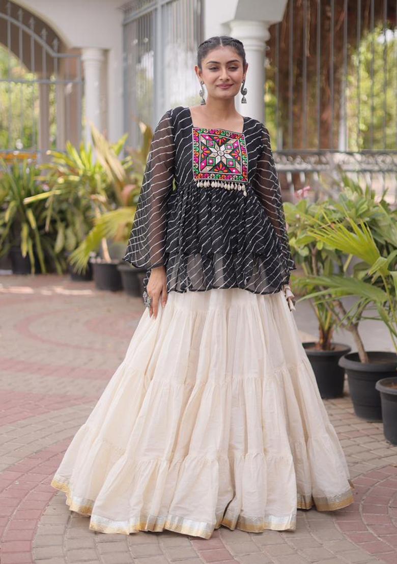 Black And Off White Kutchi Patchework Cotton Navratri Lehenga Set - Indya
