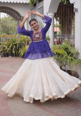 Blue And Off White Kutchi Patchework Cotton Navratri Lehenga Set