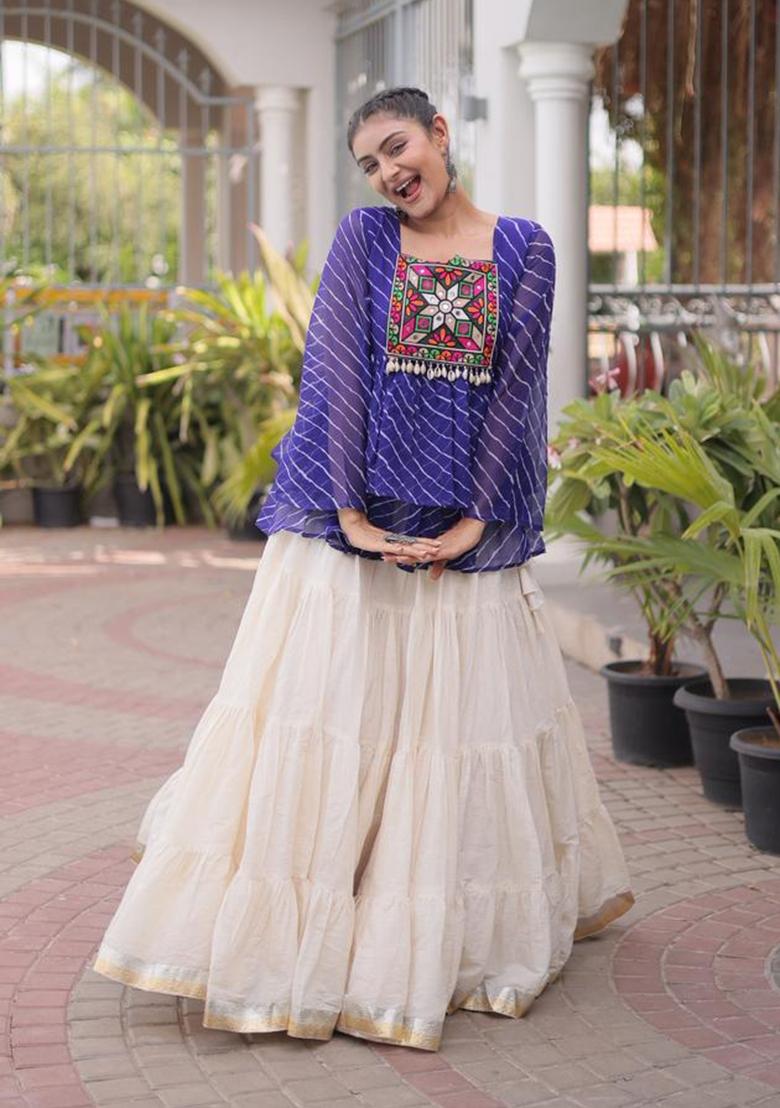 Blue And Off White Kutchi Patchework Cotton Navratri Lehenga Set - Indya