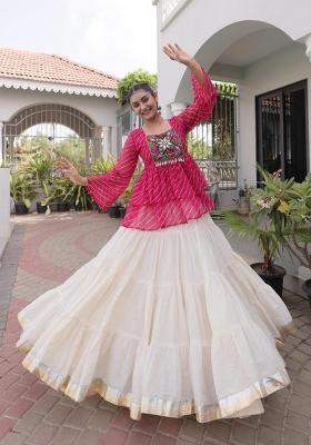 Pink And Off White Kutchi Patchework Cotton Navratri Lehenga Set