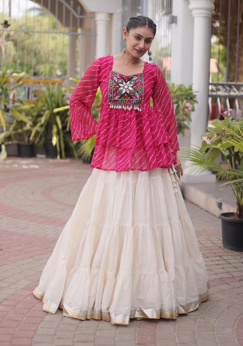 Pink And Off White Kutchi Patchework Cotton Navratri Lehenga Set - Indya