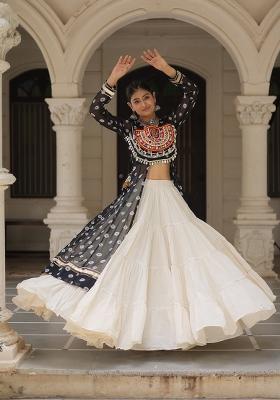 Black And Off White Kutchi Patchework Georgette Navratri Lehenga Set