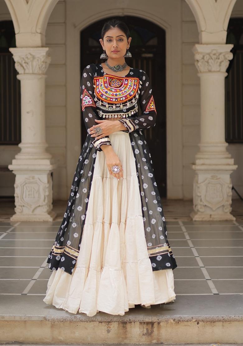 Black And Off White Kutchi Patchework Georgette Navratri Lehenga Set - Indya