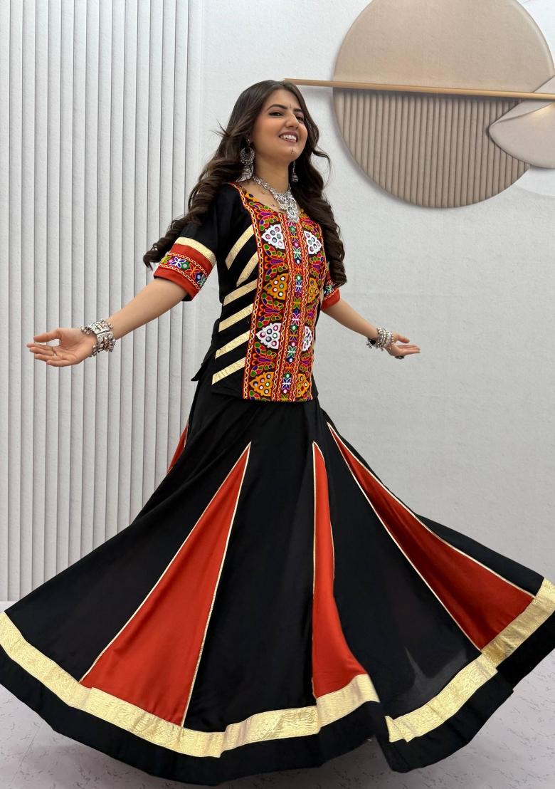Black And Orange Kutchi Patchework Cotton Navratri Lehenga Set - Indya