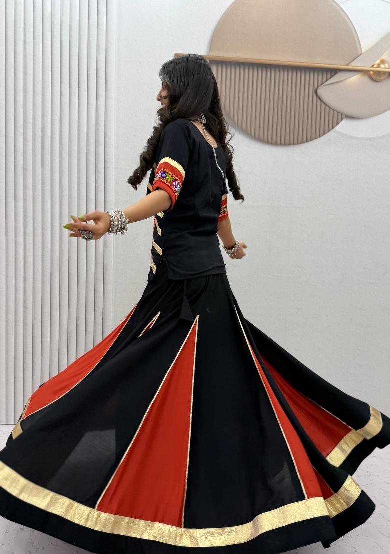 Black And Orange Kutchi Patchework Cotton Navratri Lehenga Set - Indya