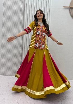 Mustard And Rani Pink Kutchi Patchework Cotton Navratri Lehenga Set