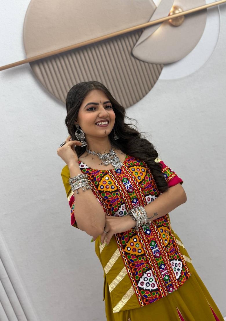 Mustard And Rani Pink Kutchi Patchework Cotton Navratri Lehenga Set - Indya