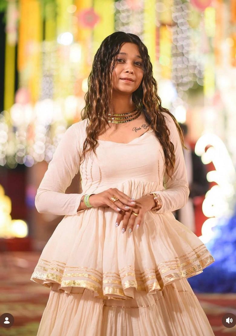 Off White Gota Lace Work Cotton Navratri Lehenga Set - Indya
