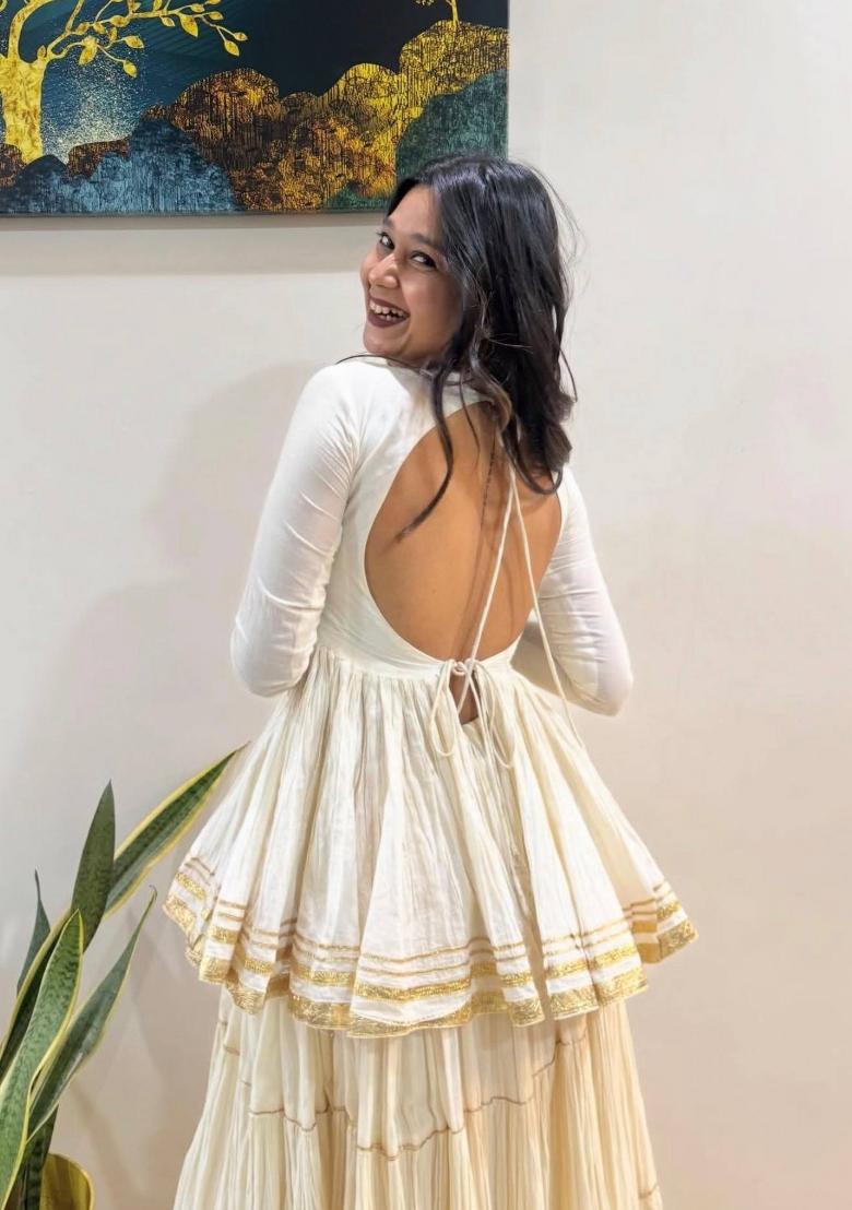 Off White Gota Lace Work Cotton Navratri Lehenga Set - Indya