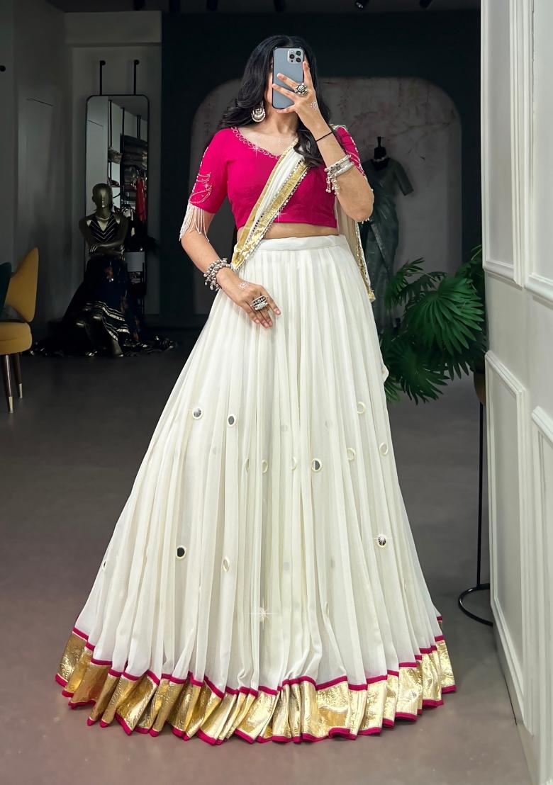 White Mirror Work Cotton Wedding Lehenga - Indya