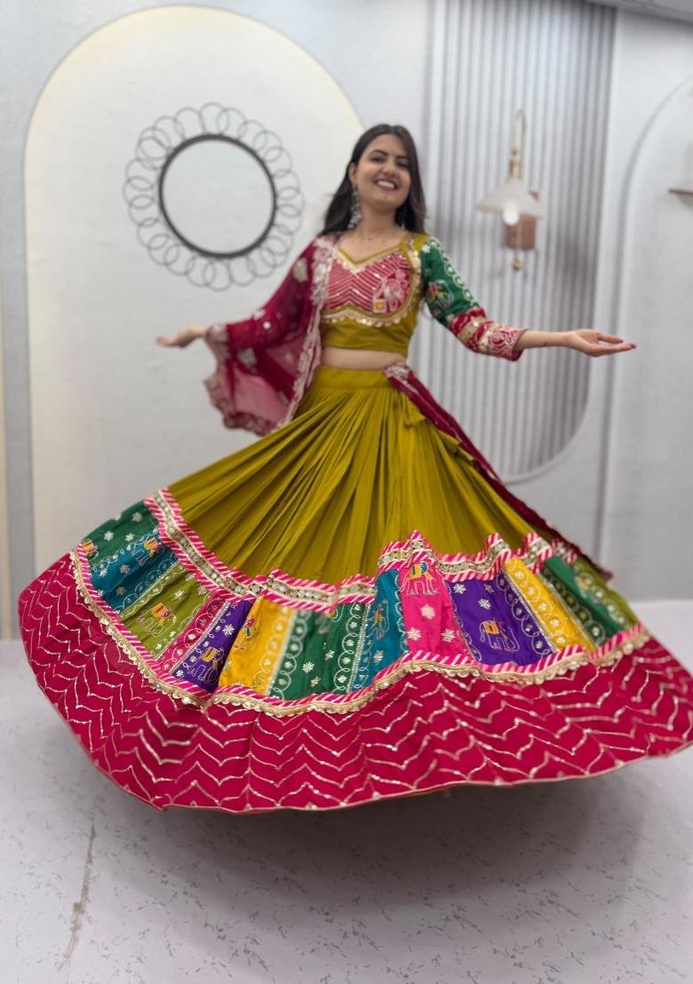 Olive Green Sequnce Work Cotton Navratri Lehenga Set - Indya