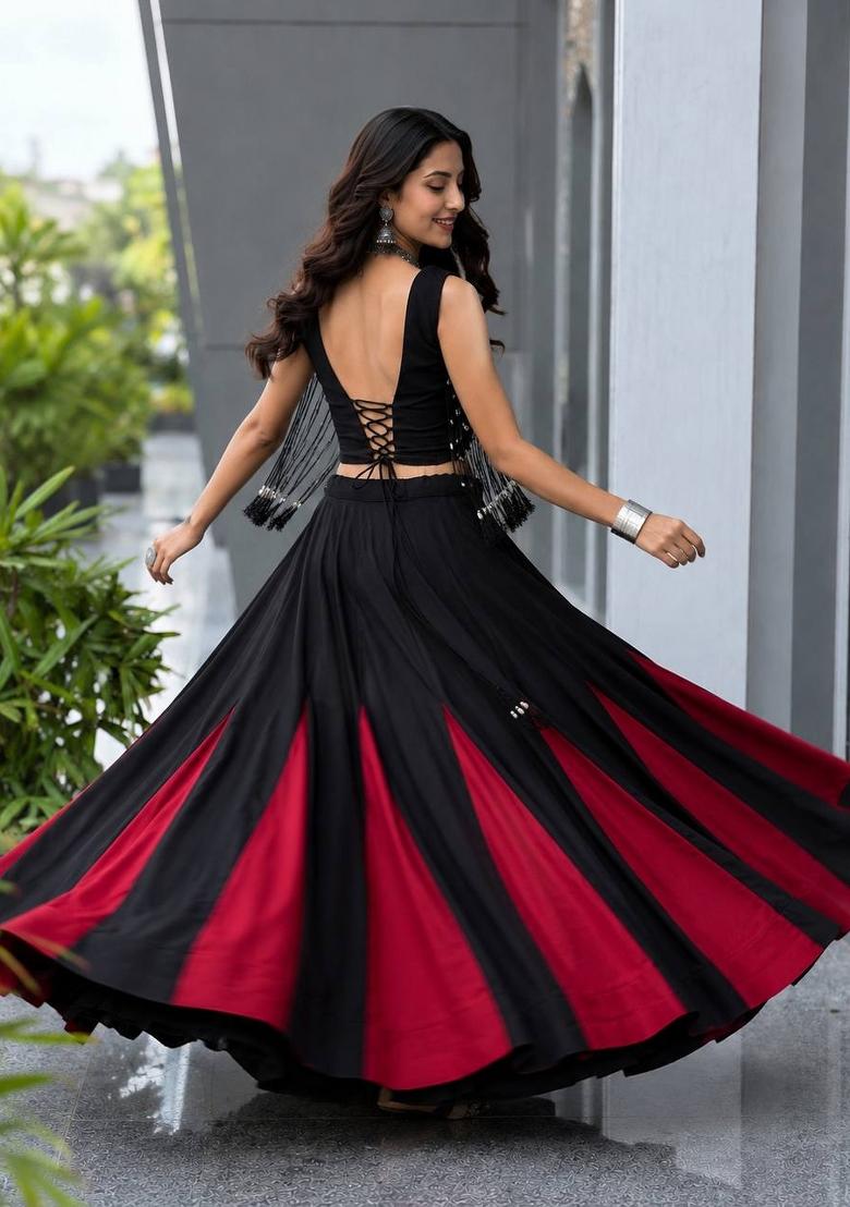 Black Plain Cotton Navratri Lehenga Set - Indya