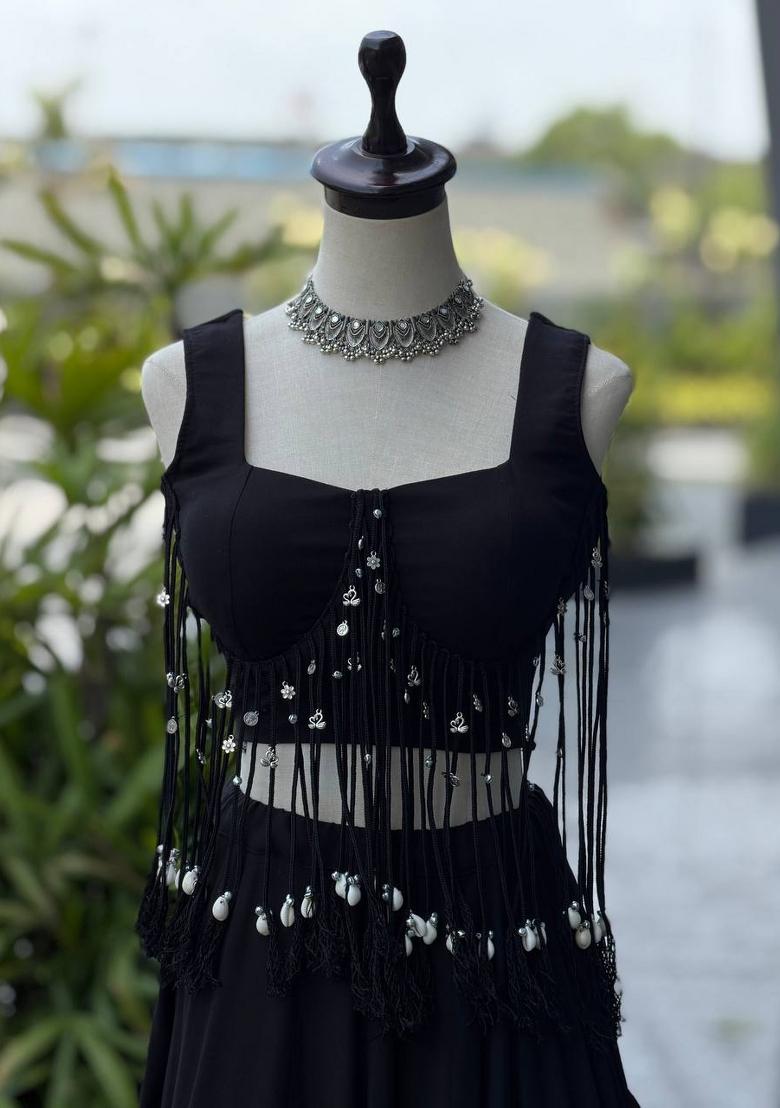 Black Plain Cotton Navratri Lehenga Set - Indya