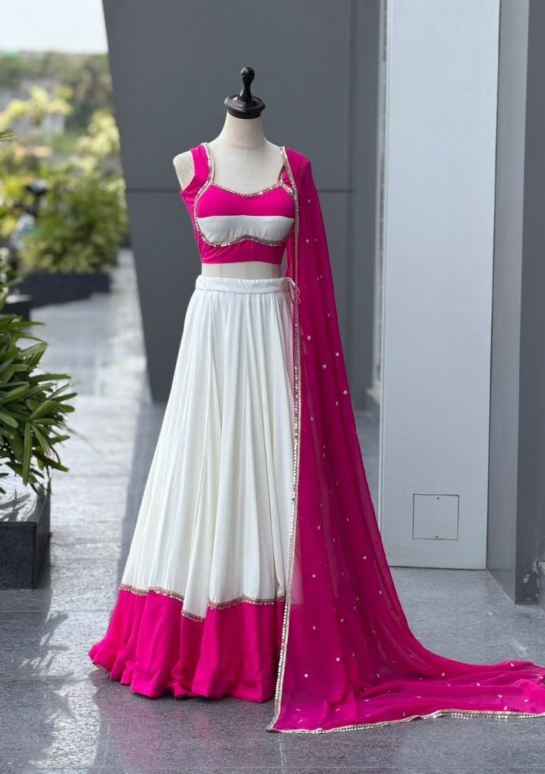 White Plain Cotton Navratri Lehenga Set - Indya