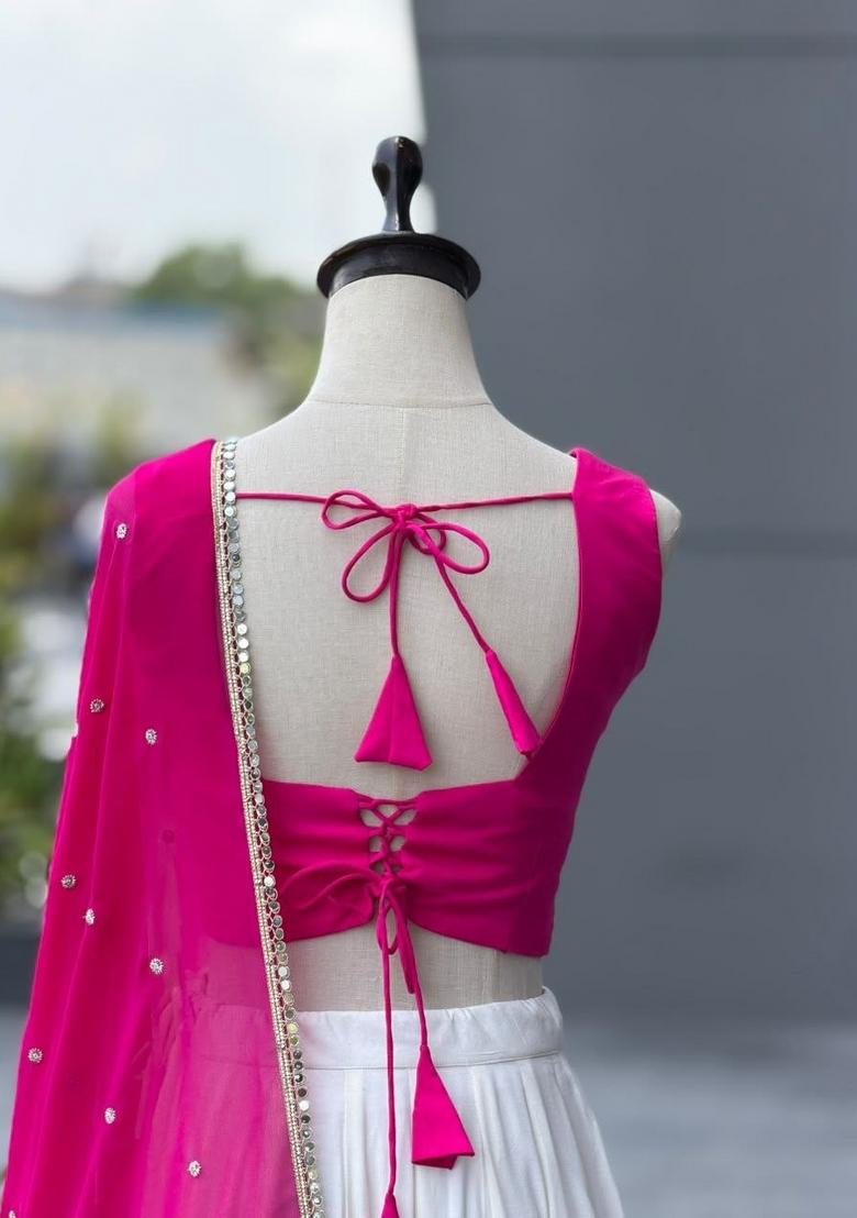 White Plain Cotton Navratri Lehenga Set - Indya