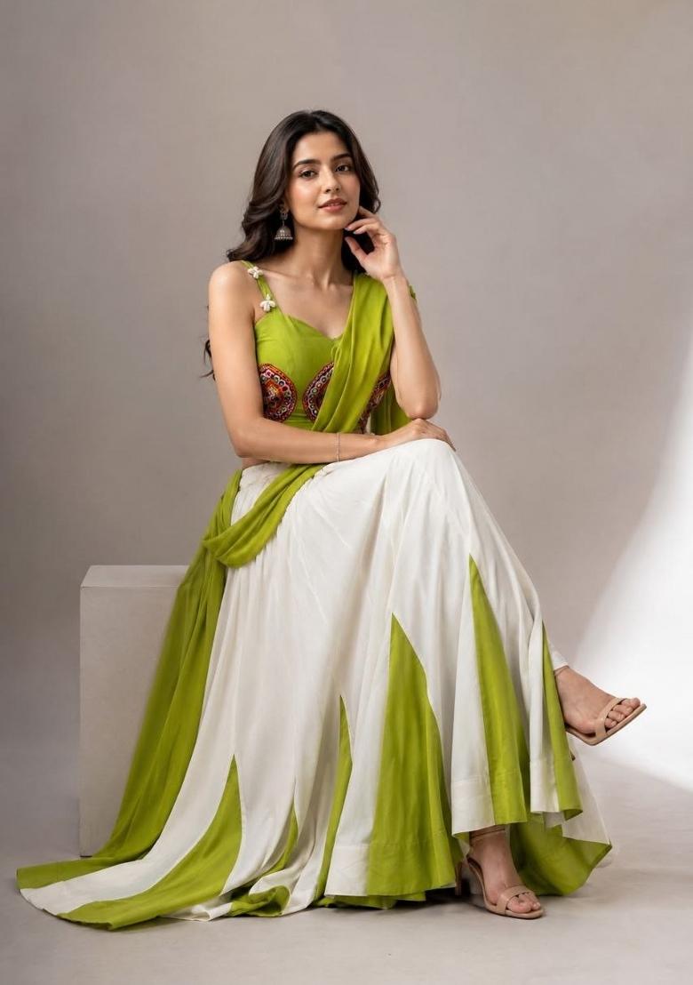 White Plain Cotton Navratri Lehenga Set - Indya