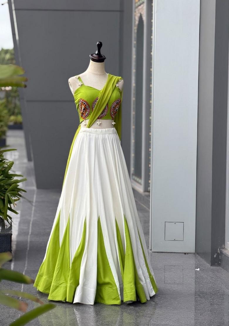White Plain Cotton Navratri Lehenga Set - Indya