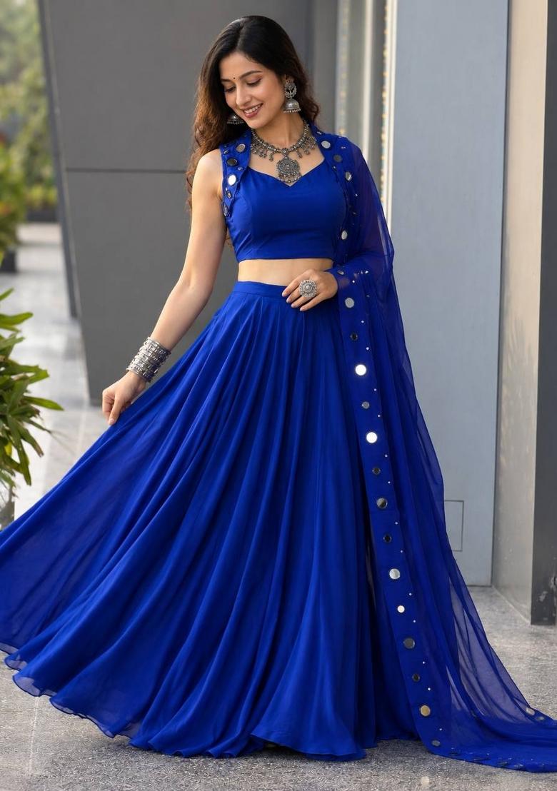 Royal Blue Embroidery Georgette Navratri Lehenga Set - Indya