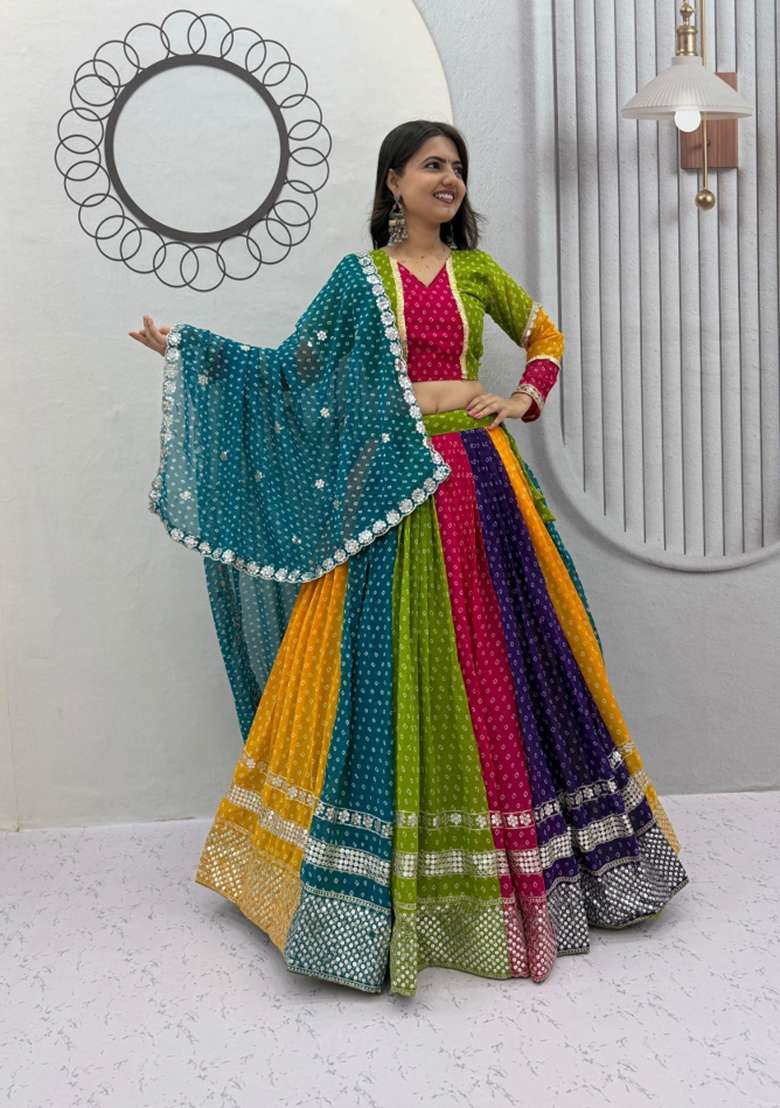 Multicolor Embroidery Georgette Navratri Lehenga Set - Indya