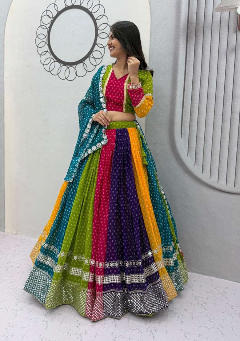 Multicolor Embroidery Georgette Navratri Lehenga Set - Indya