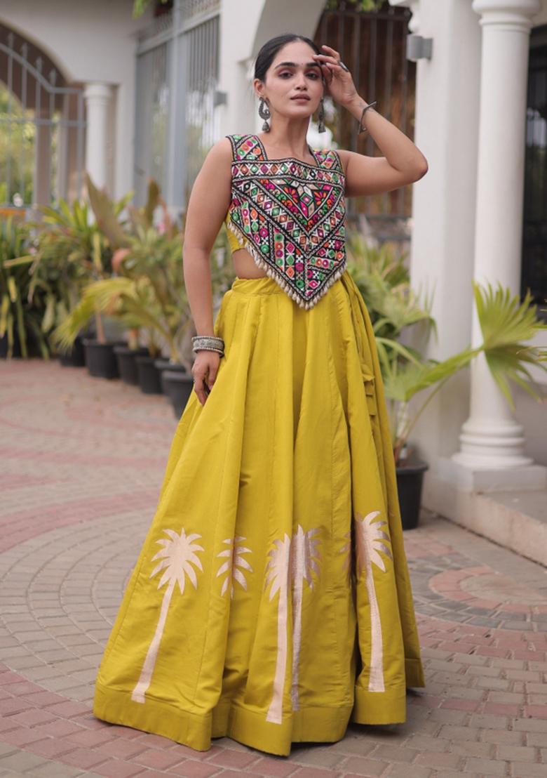 Olive Green Embroidery Roman Navratri Lehenga Set - Indya