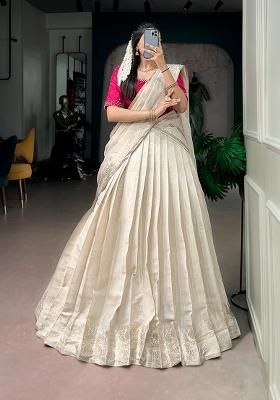 Cream Beads Work Poly Kanjivaram Lehenga Choli