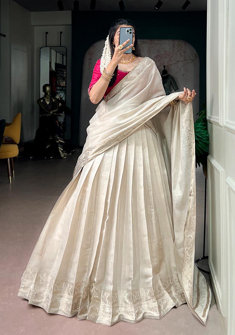 Cream Beads Work Poly Kanjivaram Lehenga Choli - Indya